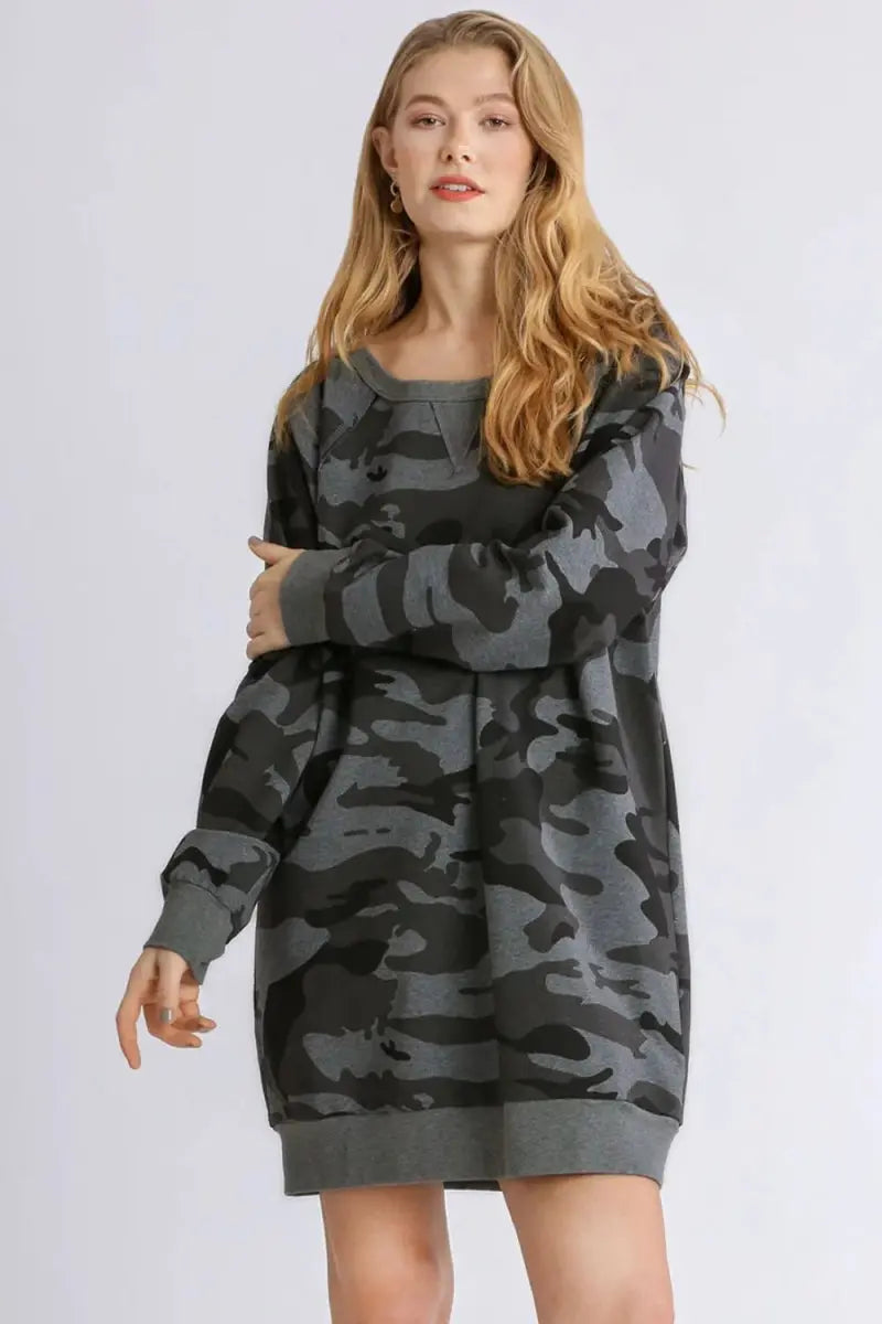 Umgee Full Size Camo Print Ribbed Hem French Terry Mini Dress Plus Size - Love Salve